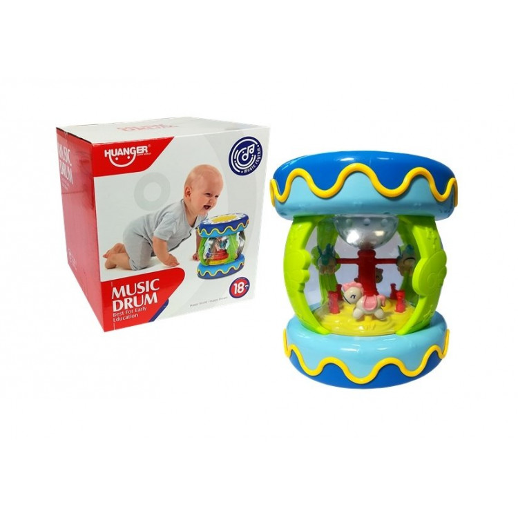 Interaktívny hudobný bubon s kolotočom - modrý